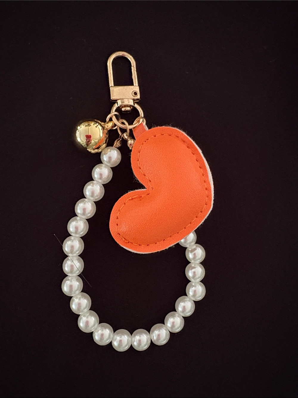 Orange Heart Pearl Wristlet Zipper Pull Keychain with Gold Accent